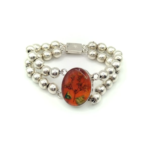 Sterling Silver Pressed Flower Ball Link Bracelet 7.5" - Picture 1 of 5